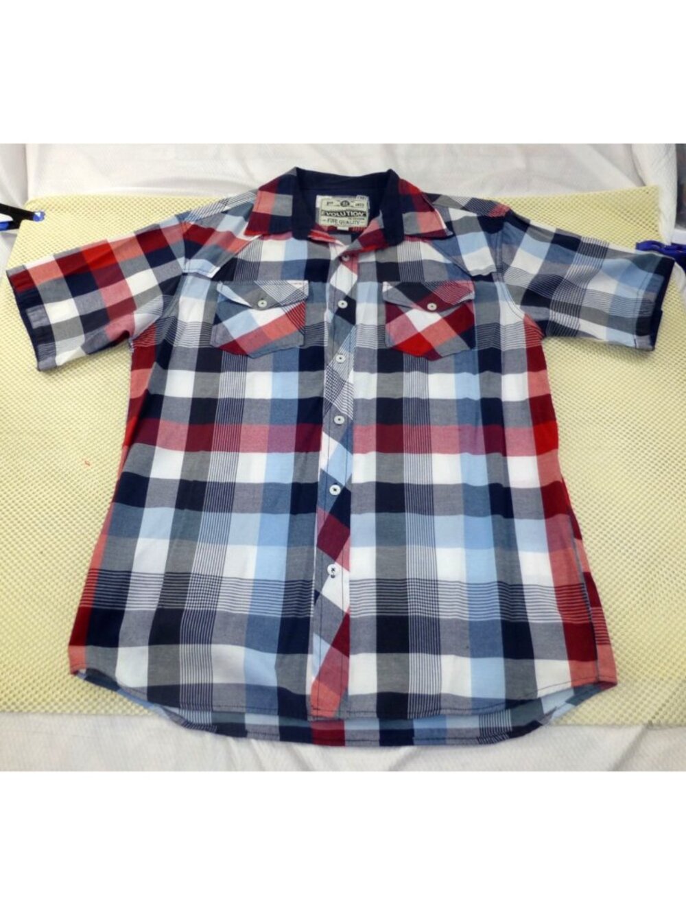 Mens Evolution In Design Red/Blue Plaid Short-Sleeve Button-Up Shirt XL Cotton/P